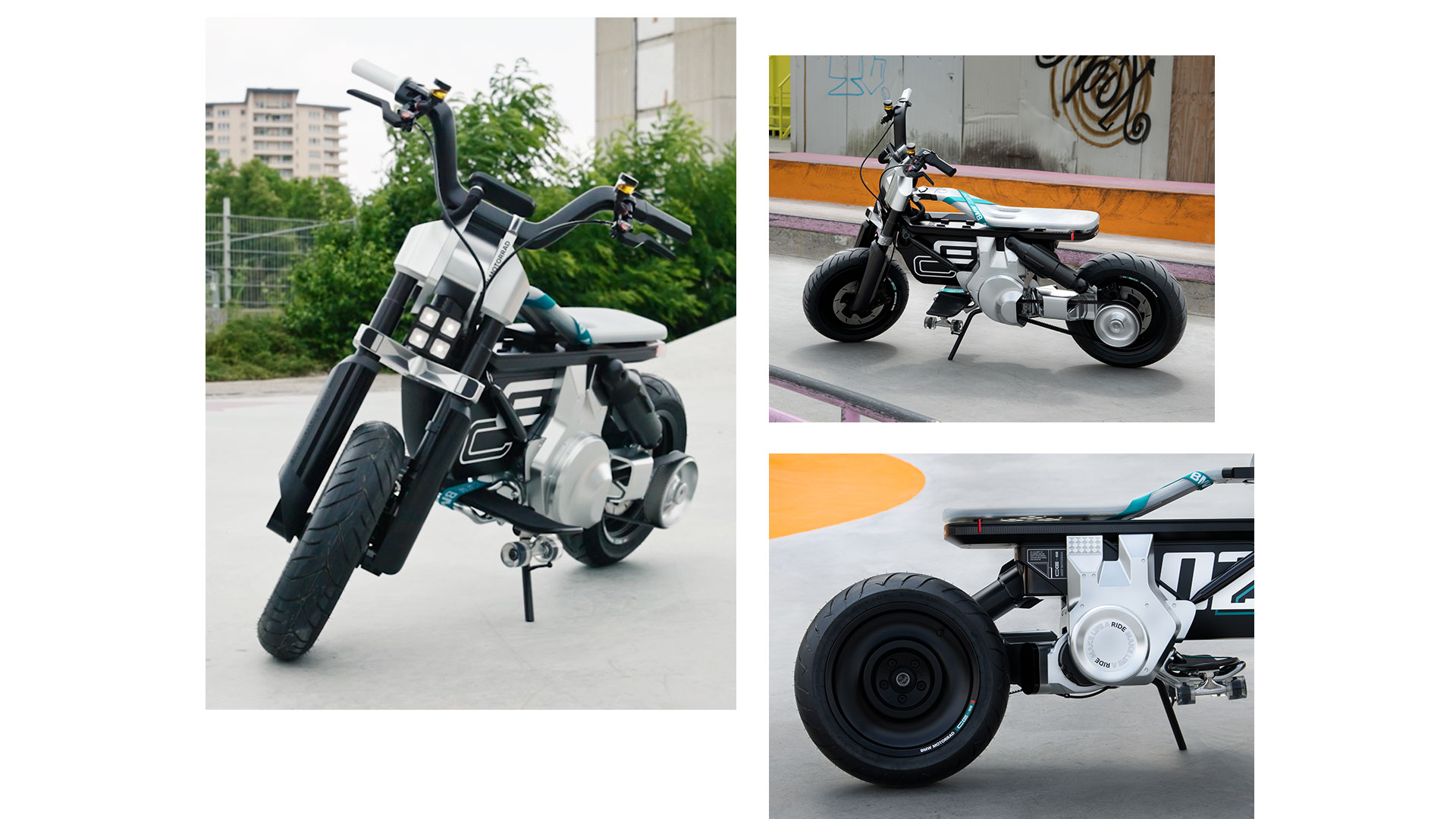 Koláž z troch fotografií Concept CE 02 v skejtparku. Vľavo so zaostrením na proporcie modelu, vpravo hore model zboku, dole vpravo zaostrenie na zadné koleso a sedadlo.