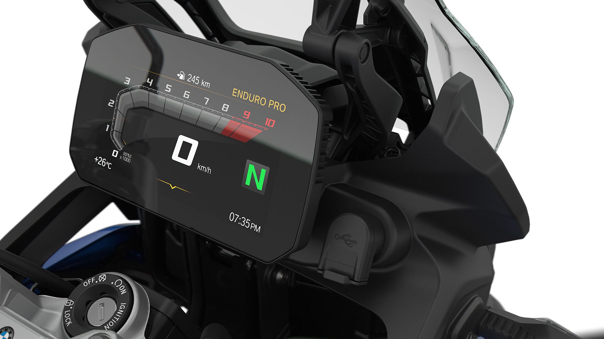 Zobrazený je predné sklo a USB port modelu F 850 GS.