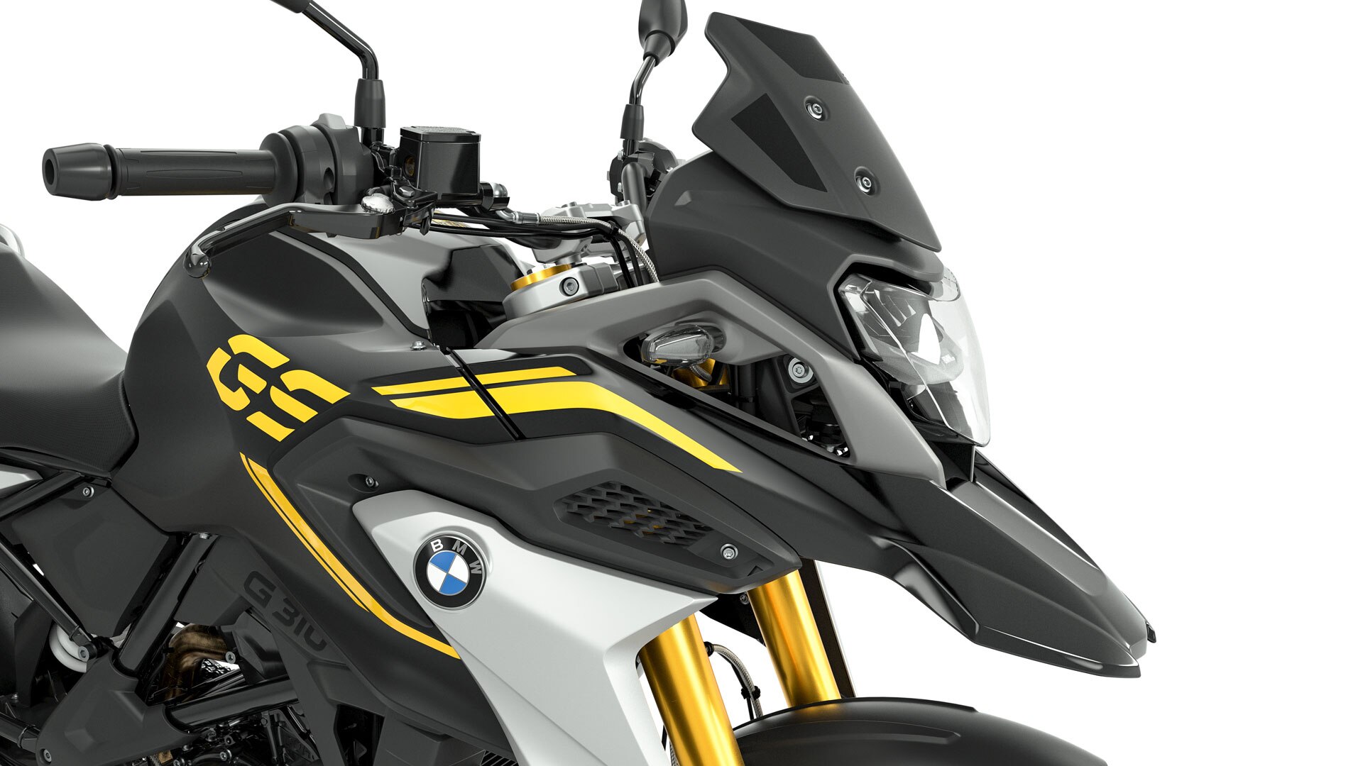 Vidíme bočný pohľad na prednú časť modelu G 310 GS so zaostrením na čierny tónovaný čelný štít.