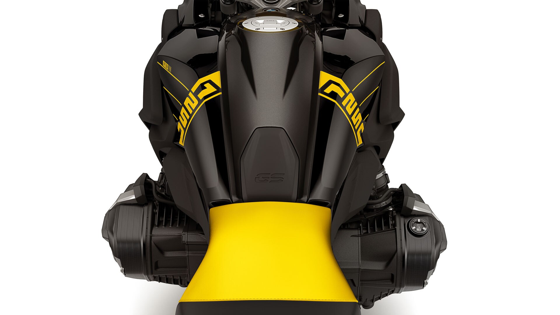 Vidíme nádrž Edition 40 Years GS s nápisom 1250 a logom Option 719 v detailnom pohľade.