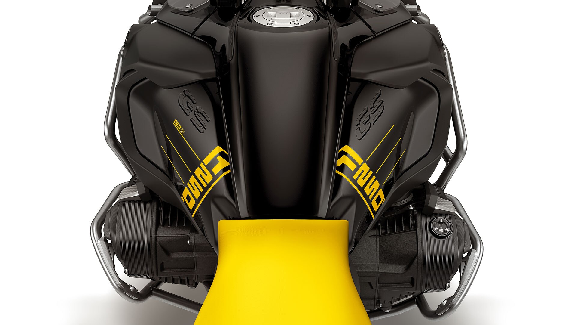 Vidíme nádrž Edition 40 Years GS s nápisom 1250 a logom Option 719 v detailnom pohľade.