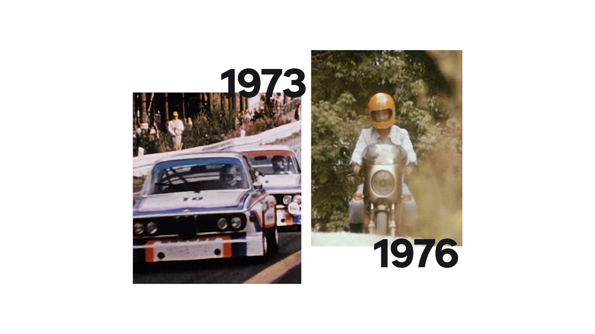 Vľavo historická snímka BMW 3.0 CSL, vpravo snímka BMW R 90 S od Helmuta Dähneho.