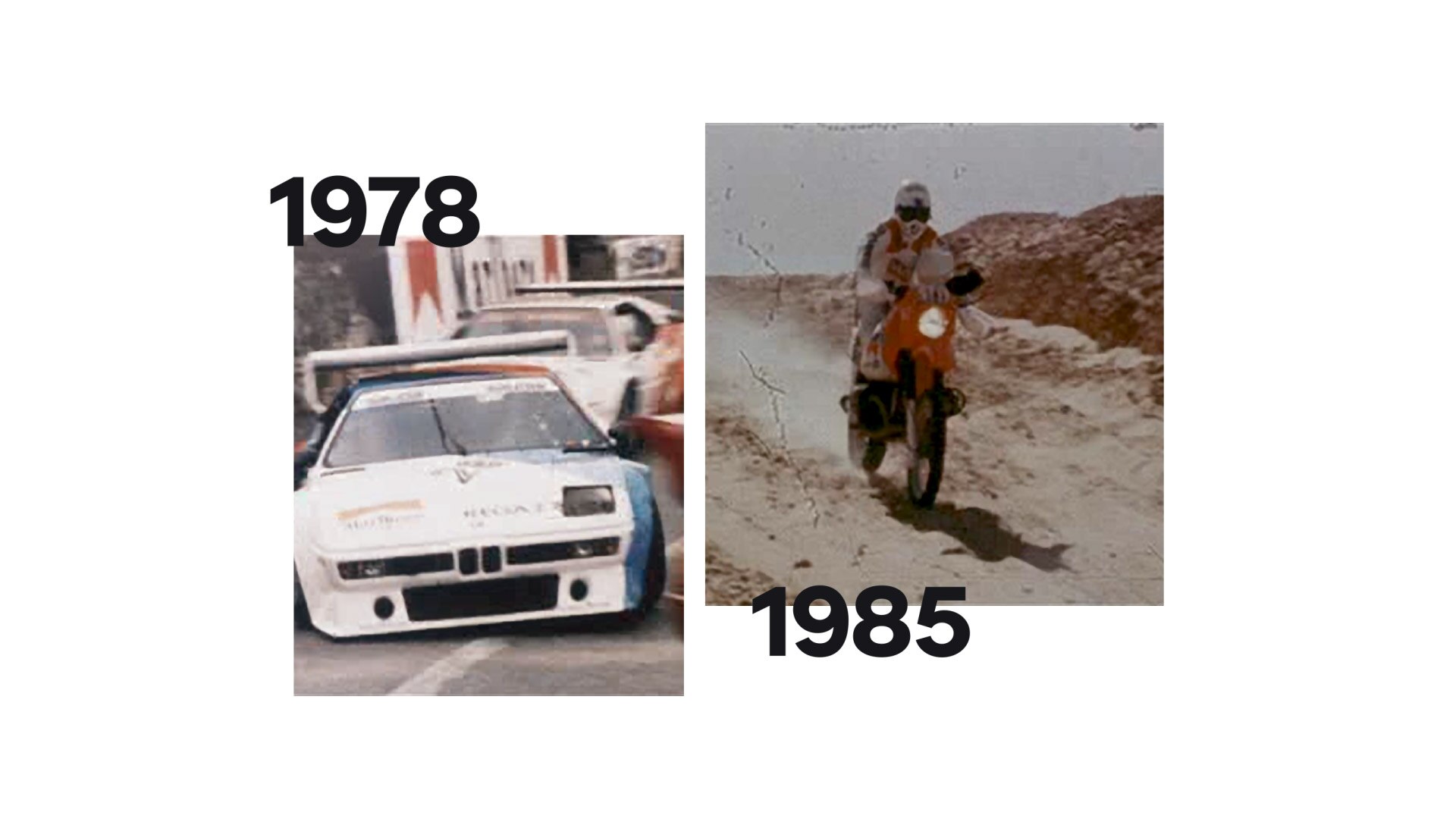 Vľavo historický záber BMW M1, vpravo legendárny stroj Rallye Paríž Dakar.